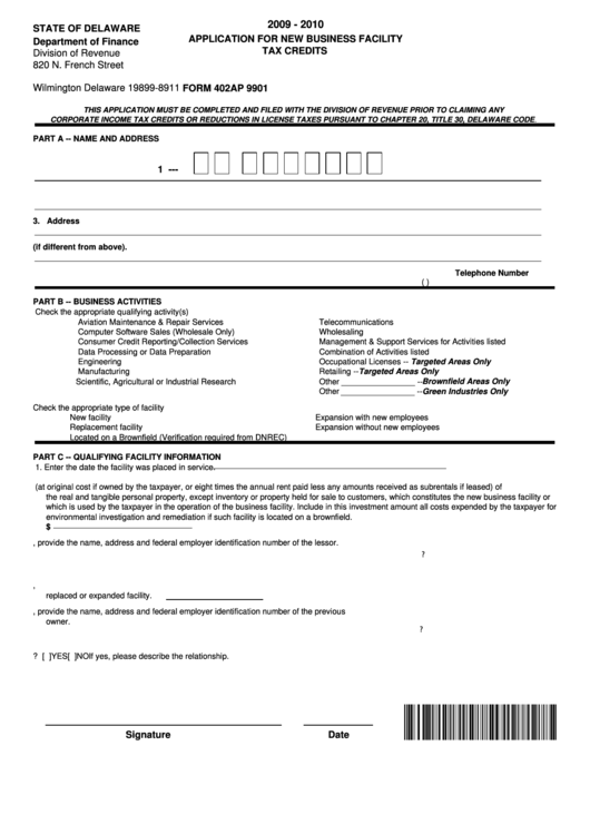 Fillable Form 402ap 9901 - Application For New Business Facility Tax Credits - 2009-2010 Printable pdf