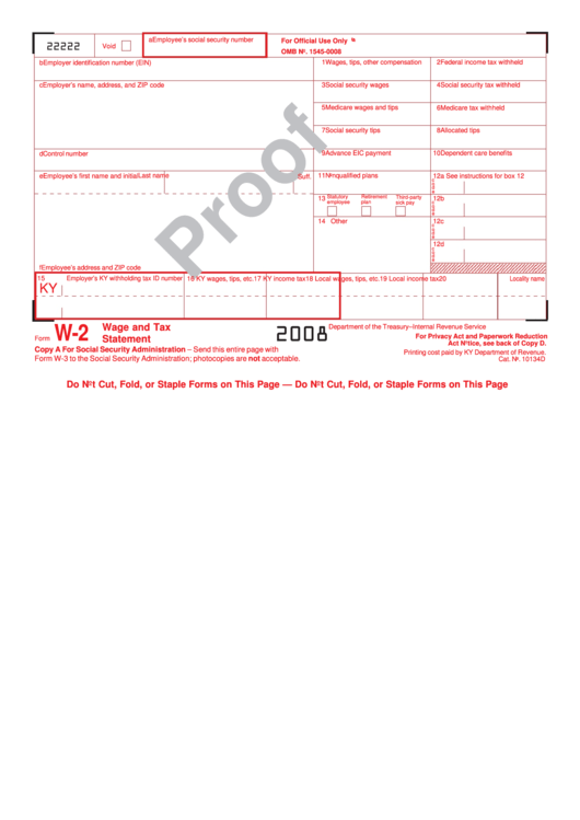 Form W-2 - Wage And Tax Statement - 2008 Printable pdf