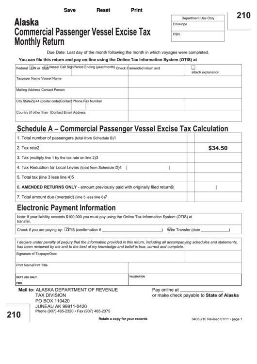 Fillable Form 0405-210 - Commercial Passenger Vessel Excise Tax Monthly Return Printable pdf