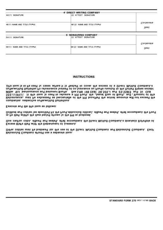 Form 275 - Back - Department Of Treasury Printable pdf