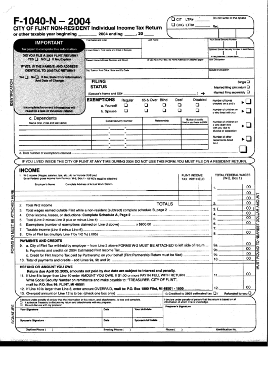 Form F-1040-N - City Of Flint Non-Resident Individual Income Tax Return - 2004 Printable pdf