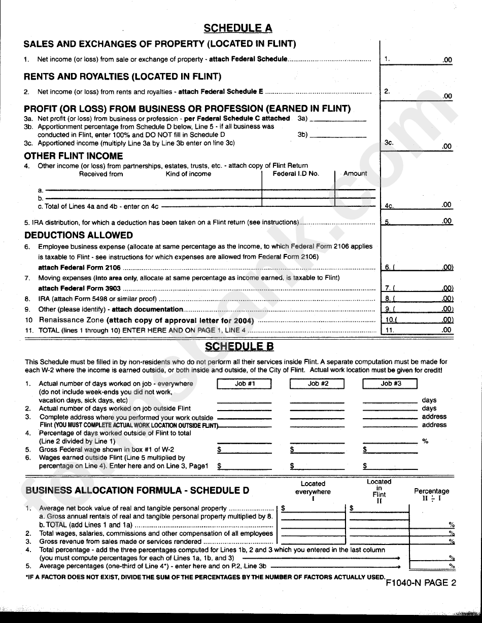 Form F-1040-N - City Of Flint Non-Resident Individual Income Tax Return - 2004