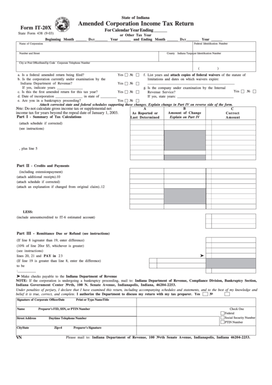 Form It-20x - Amended Corporation Income Tax Return - Indiana Printable pdf