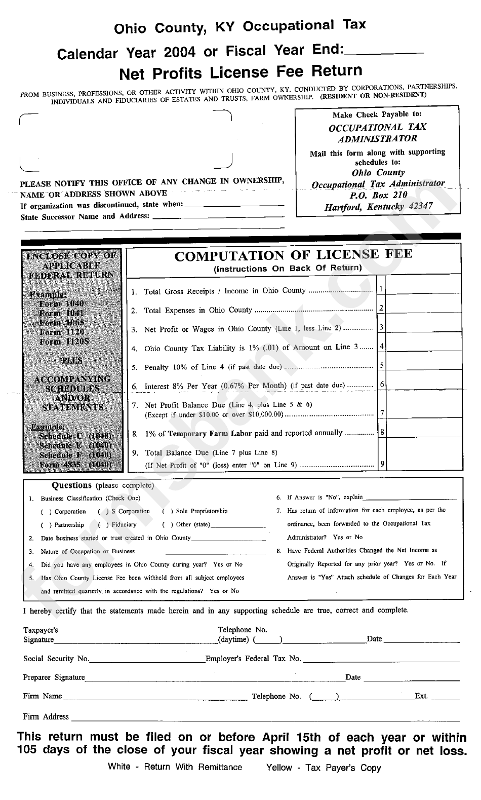 Net Profits License Fee Return Form - Ohio County