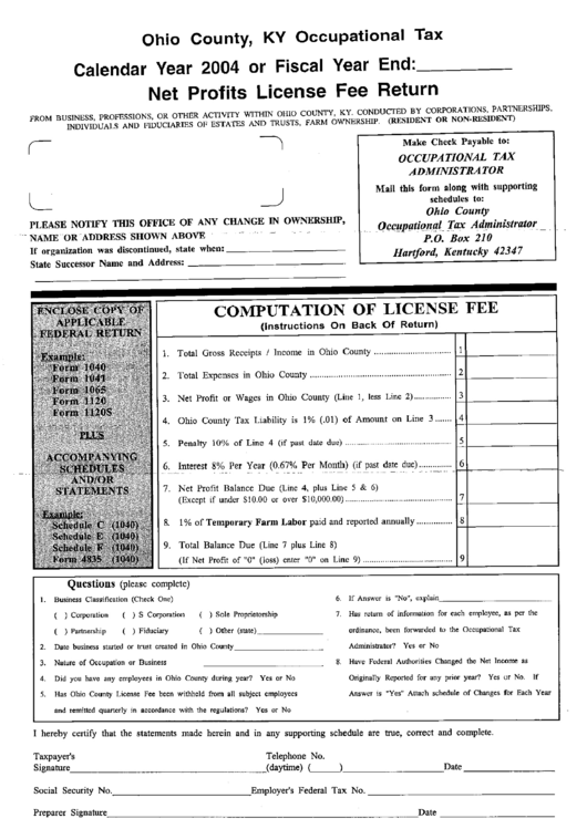 Net Profits License Fee Return Form - Ohio County Printable pdf