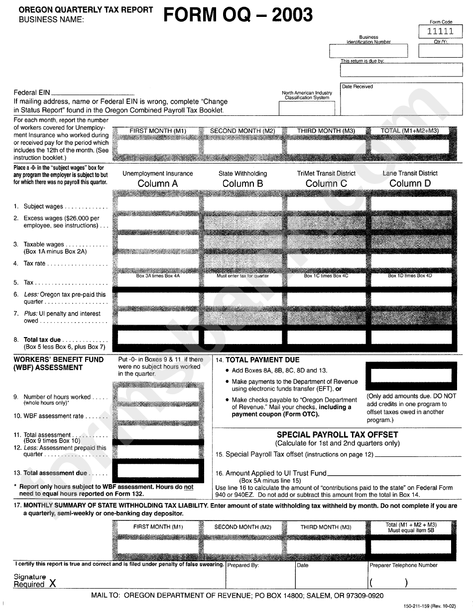 Form Oq - Oregon Quarterly Tax Report (2003) - Department Of Revenue