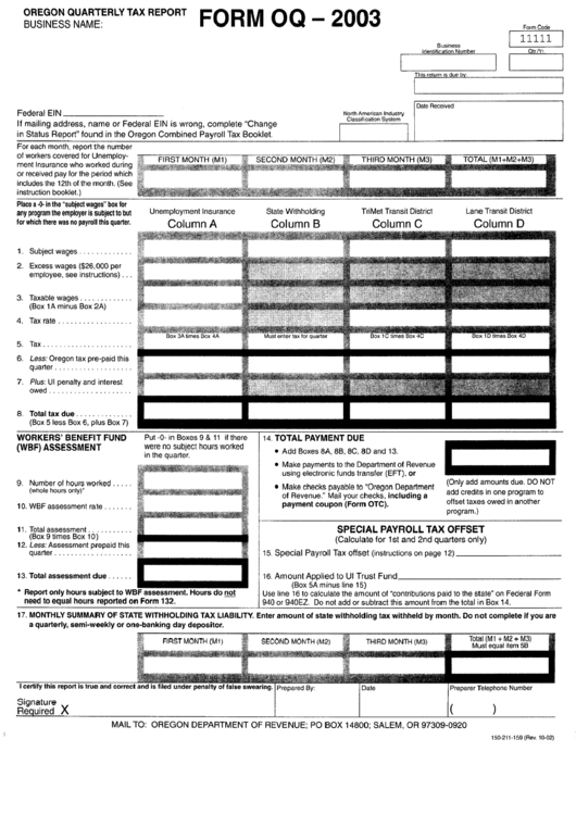 Form Oq - Oregon Quarterly Tax Report (2003) - Department Of Revenue Printable pdf