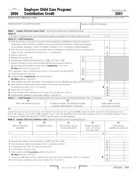 Form 3501 - Employer Child Care Program/contribution Credit - 2004 Printable pdf