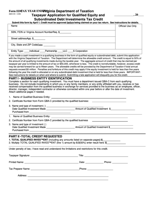 Form Edc - Taxpayer Application For Qualified Equity And Subordinated Debt Investments Tax Credit Printable pdf