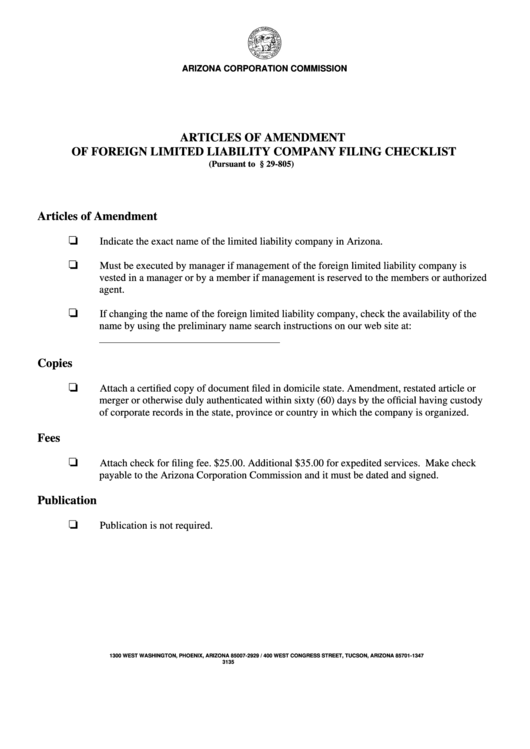 Form Ll:0002 - Articles Of Amendment - Arizona Corporation Commission Printable pdf