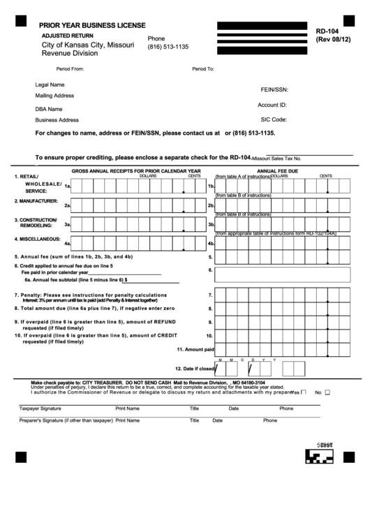 Fillable Form Rd-104 - Prior Year Business License Adjusted Return Printable pdf