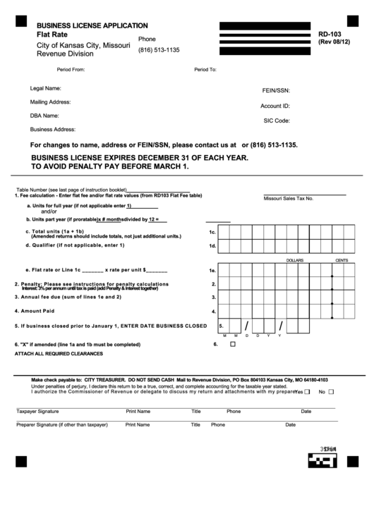 Fillable Form Rd-103 - Business License Application Flat Rate Printable pdf
