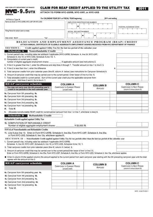 Form Nyc-9.5utx - Claim For Reap Credit Applied To The Utility Tax - 2011 Printable pdf