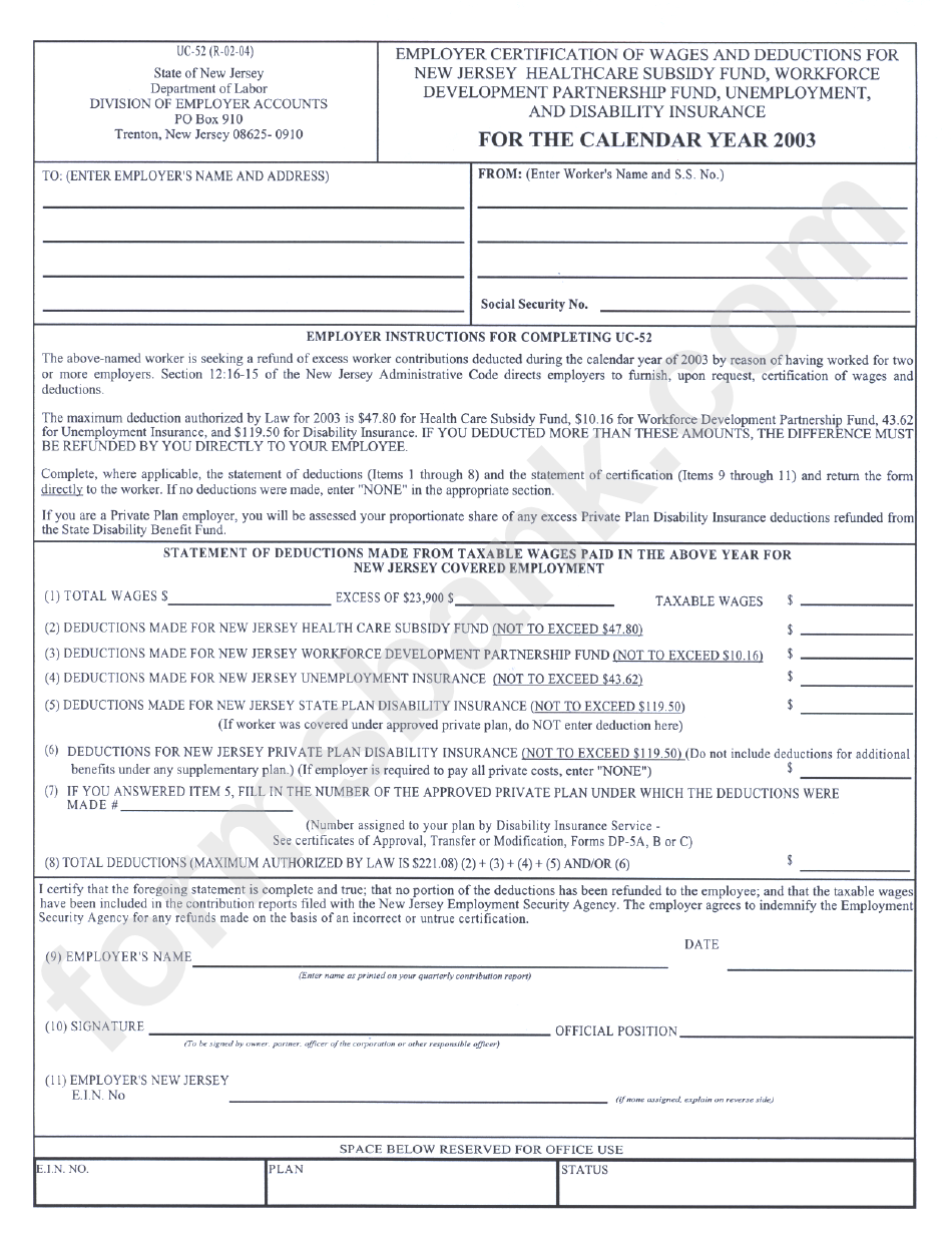 Form Uc-52 - Employer Certification Of Wages And Deduction For New Jersey Healthcare Subsidy Fund, Workforce Development Partnership Fund, Unemployment And Disability Insurance (2003) - Department Of Labor