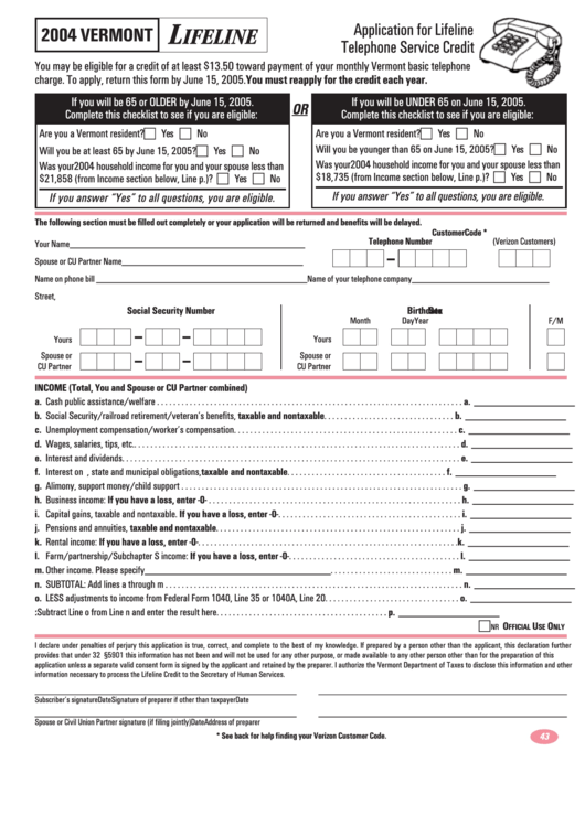 Application For Lifeline Telephone Service Credit - Vermont - 2004 Printable pdf