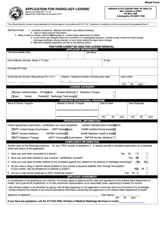 Fillable Form 27068 - Application For Radiology License - Indiana State Department Of Health Printable pdf