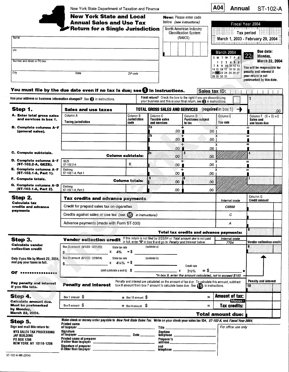 Form St-102-A - New York State And Local Annual Sales And Use Tax Return For A Single Jurisdiction - New York State Department Of Taxation And Finance