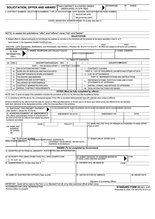 Fillable Standard Form 33 - Solicitation, Offer And Award Printable pdf