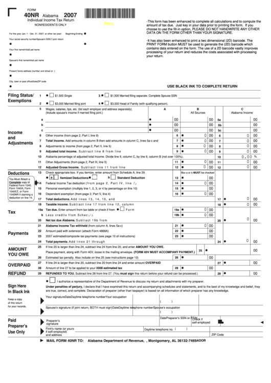 Fillable Form 40nr - Alabama Individual Nonresident Income Tax Return - 2007 Printable pdf