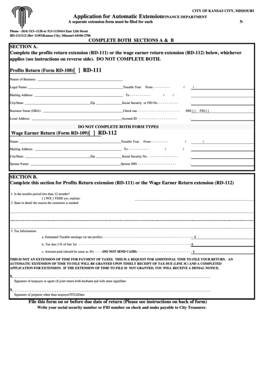 Form Rd111/112 Application For Automatic Extension printable pdf