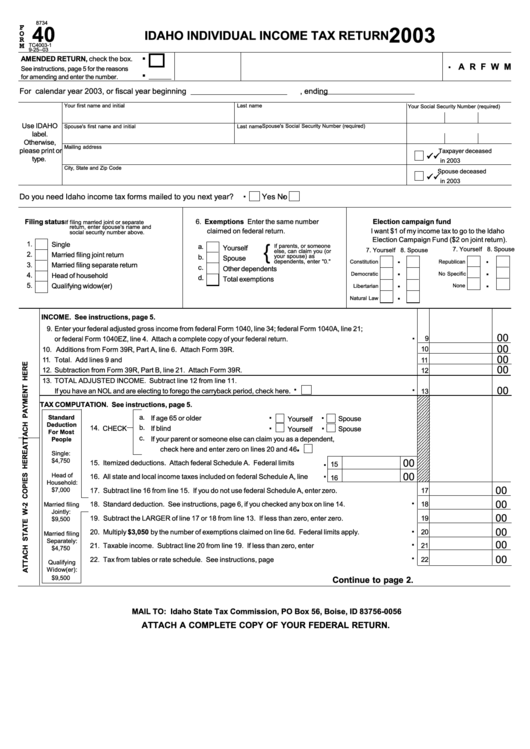 Fillable Form 40 - 2003 Idaho Individual Income Tax Return Printable pdf
