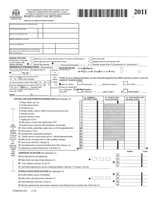 Fillable Form 515 - Maryland Tax Return - 2011 Printable pdf