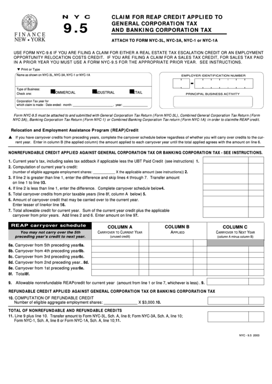 Form Nyc-9.5 - Claim For Reap Credit Applied To General Corporation Tax And Banking Corporation Tax - 2003 Printable pdf