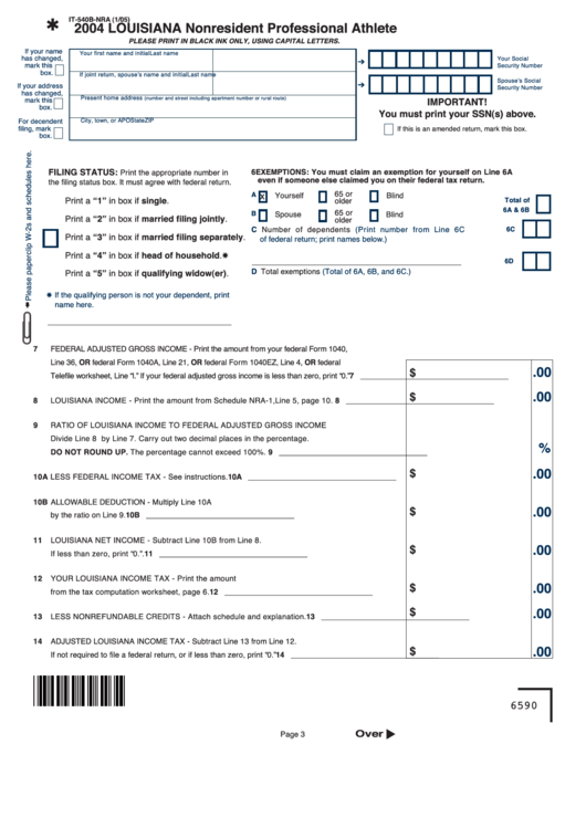 Fillable Form It-540b-Nra - Louisiana Nonresident Professional Athlete ...