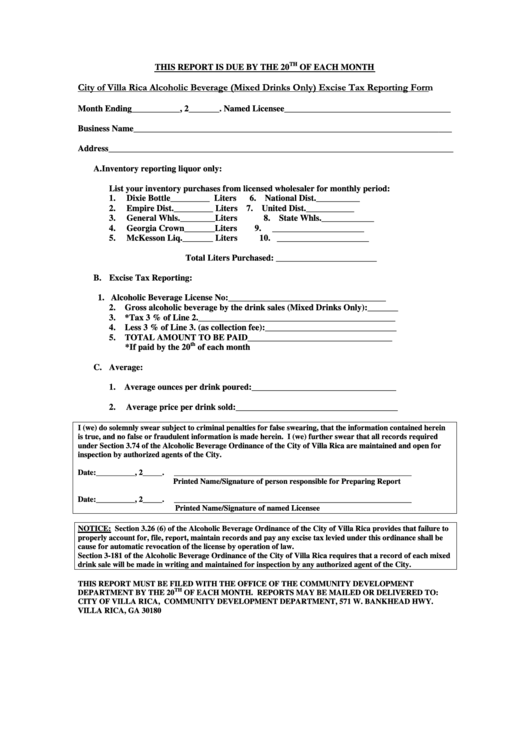 City Of Villa Rica Alcoholic Beverage (Mixed Drinks Only) Excise Tax Reporting Form Printable pdf