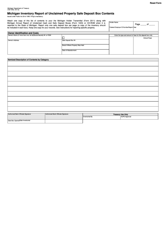 Fillable Form 3167 - Michigan Inventory Report Of Unclaimed Property Safe Deposit Box Contents Printable pdf