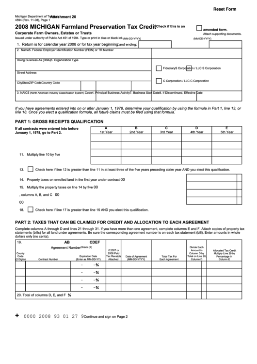 Fillable Form 4594 - Michigan Farmland Preservation Tax Credit - 2008 Printable pdf