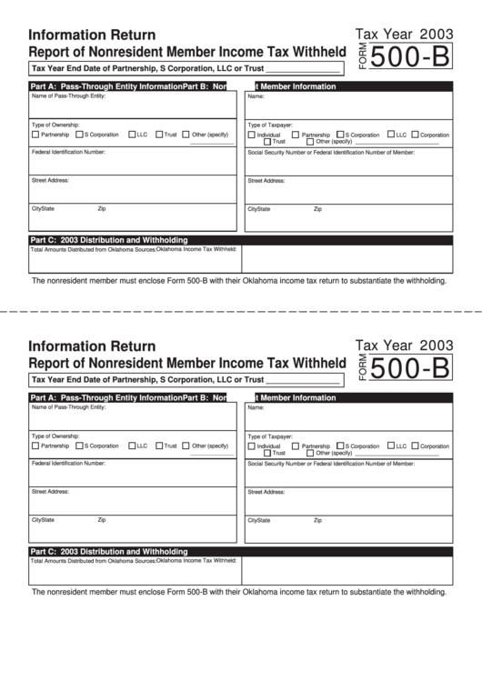 Fillable Form 500-B - Information Return - Report Of Nonresident Member Income Tax Withheld - 2003 Printable pdf
