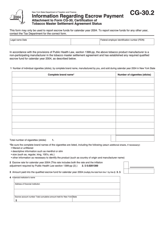 Form Cg-30.2 - Information Regarding Escrow Payment - New York State Department Of Taxation And Finance Printable pdf