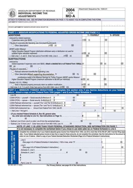 Form Mo-A - Individual Income Tax Adjustments - 2004 Printable pdf