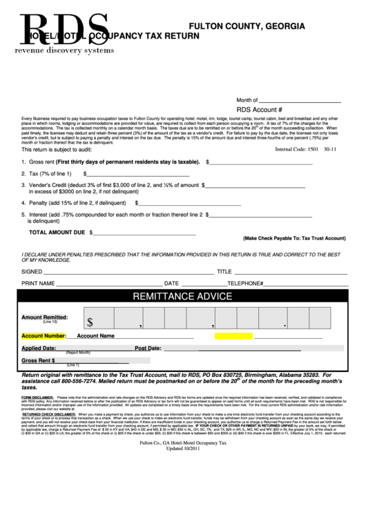 Hotel/motel Occupancy Tax Return Form - Fulton County Printable pdf