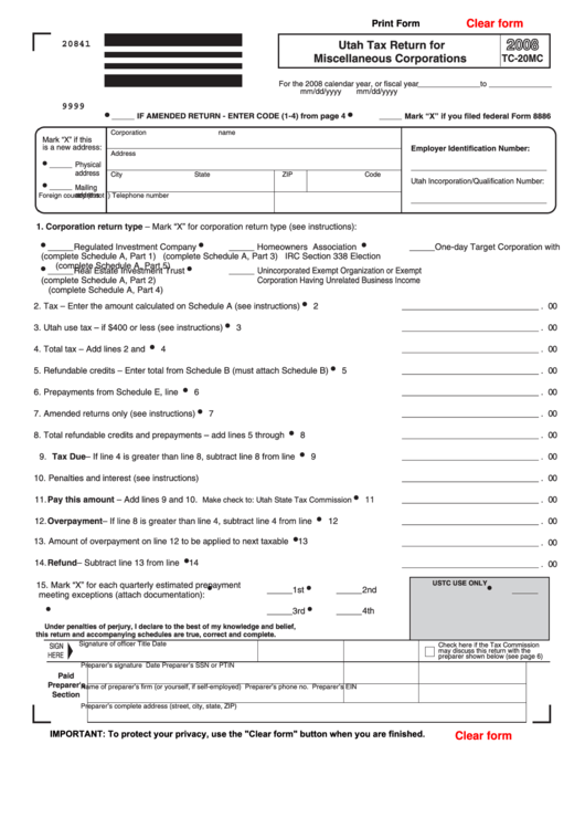 Fillable Form Tc-20mc - Utah Tax Return For Miscellaneous Corporations - 2008 Printable pdf