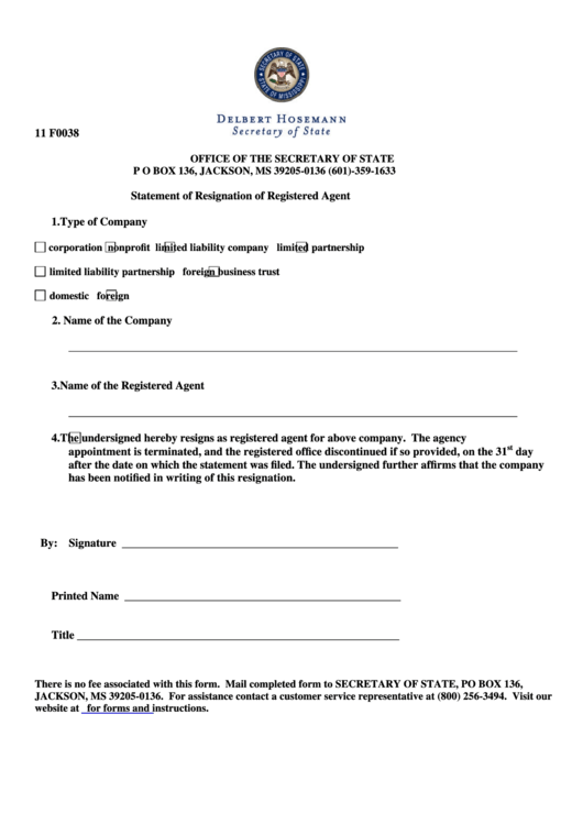 Form 11 F0038 - Statement Of Resignation Of Registered Agent
