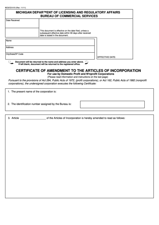 Fillable Form Bcs/cd-515 - Certificate Of Amendment To The Articles Of Incorporation Printable pdf