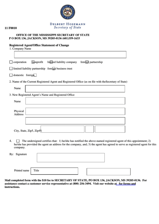 Fillable Form 11 F0010 - Registered Agent/office Statement Of Change Printable pdf