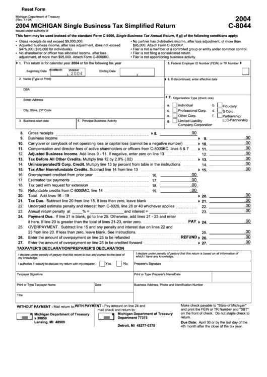 Fillable Form C-8044 - Michigan Single Business Tax Simplified Return - 2004 Printable pdf