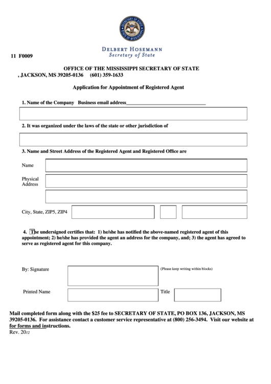 Fillable Form 11 F0009 - Application For Appointment Of Registered Agent Printable pdf