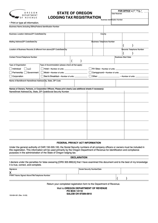 Fillable Lodging Tax Registration - State Of Oregon Form 2003 Printable pdf