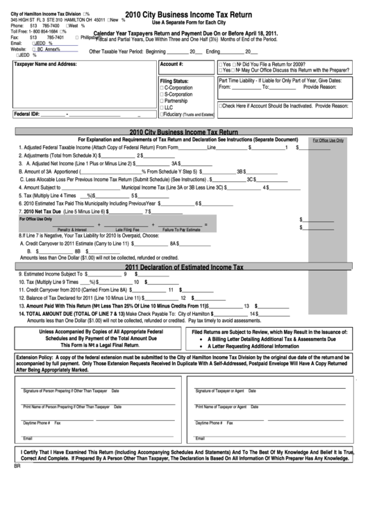City Business Income Tax Return Form - City Of Hamilton - 2010 Printable pdf