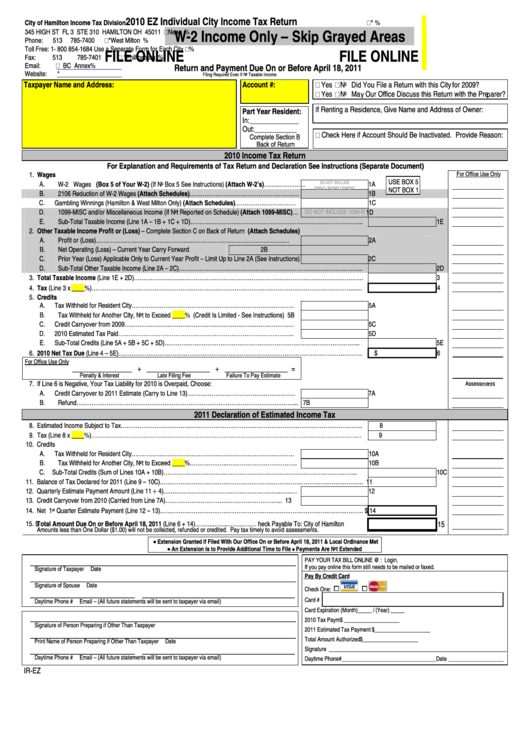 Form Ir-Ez - Individual City Income Tax Return - 2010 Printable pdf