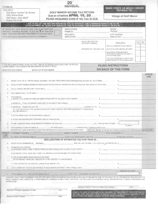 Form Ir - Golf Manor Income Tax Return Printable pdf