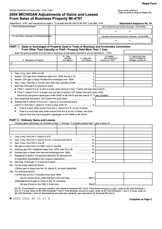 Fillable Form Mi-4797 - Michigan Adjustments Of Gains And Losses From Sales Of Business Property - 2004 Printable pdf