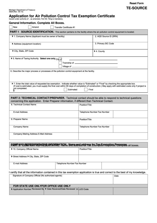 Fillable Form 3828 - Application For Air Pollution Control Tax Exemption Certificate - 2013 Printable pdf