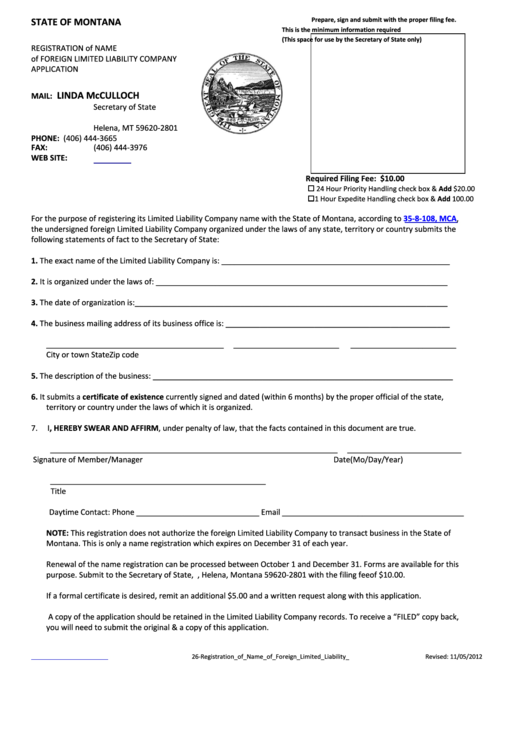 Registration Of Name Of Foreign Limited Liability Company Application - Montana Secretary Of State Printable pdf