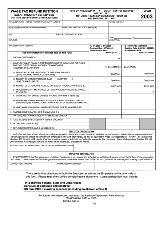 Wage Tax Refund Petition Salary/hourly Employees Form - Department Of Revenue - 2003 Printable pdf