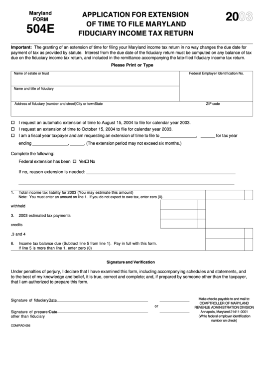 Fillable Form 504e - Application For Extension Of Time To File Maryland Fiduciary Income Tax Return - 2003 Printable pdf
